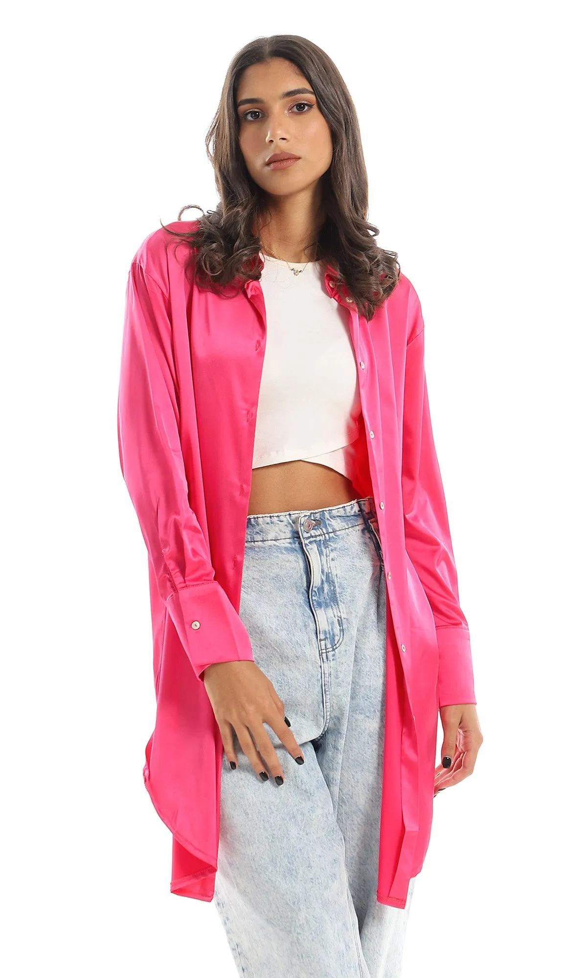 97537 Classic Collar Side Slited Silk Accent Fuchsia Shirt