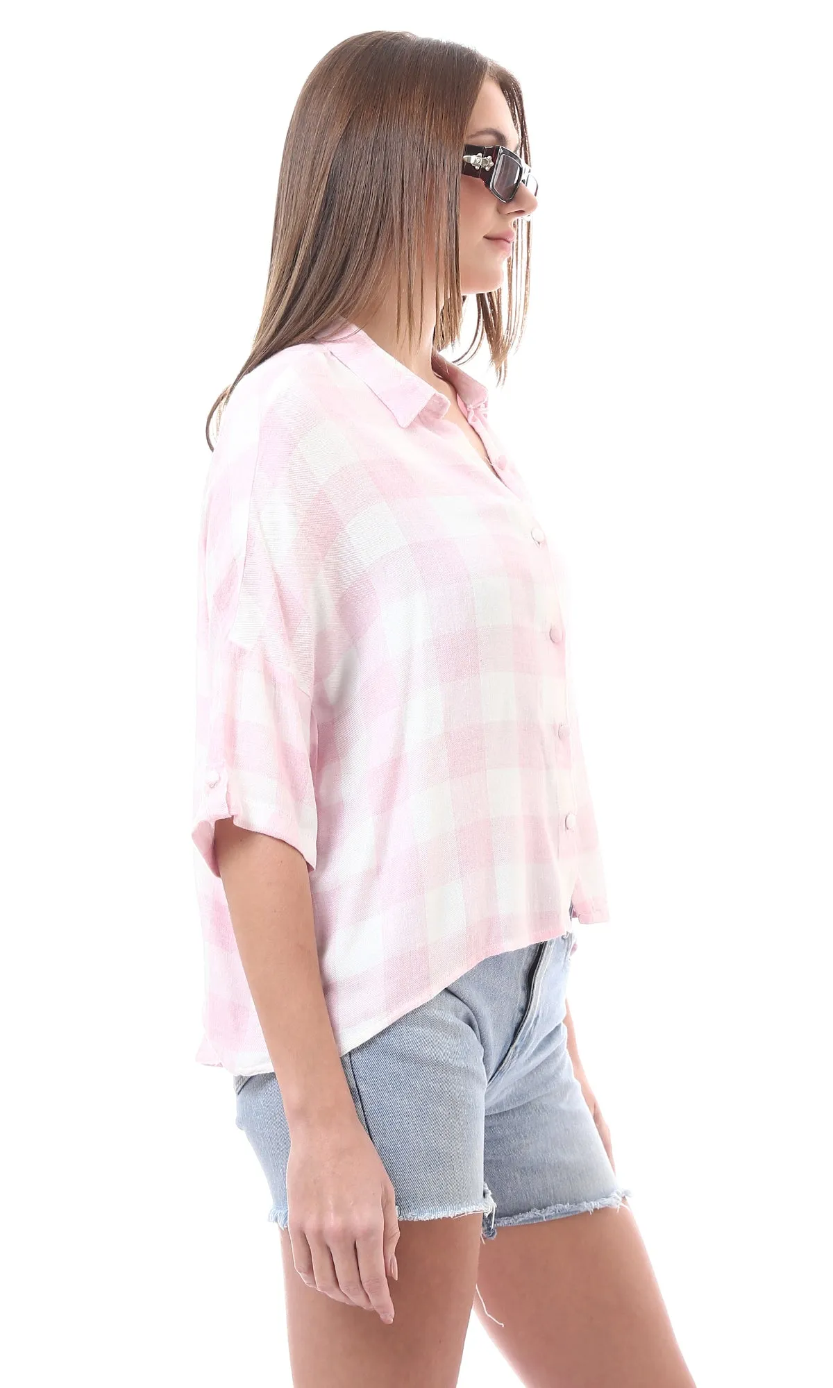 98145 Elbow-Sleeves Buttons Down Plaids Shirt - Pink & White