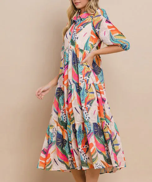 Abstract Print Button Up Dress - Multi