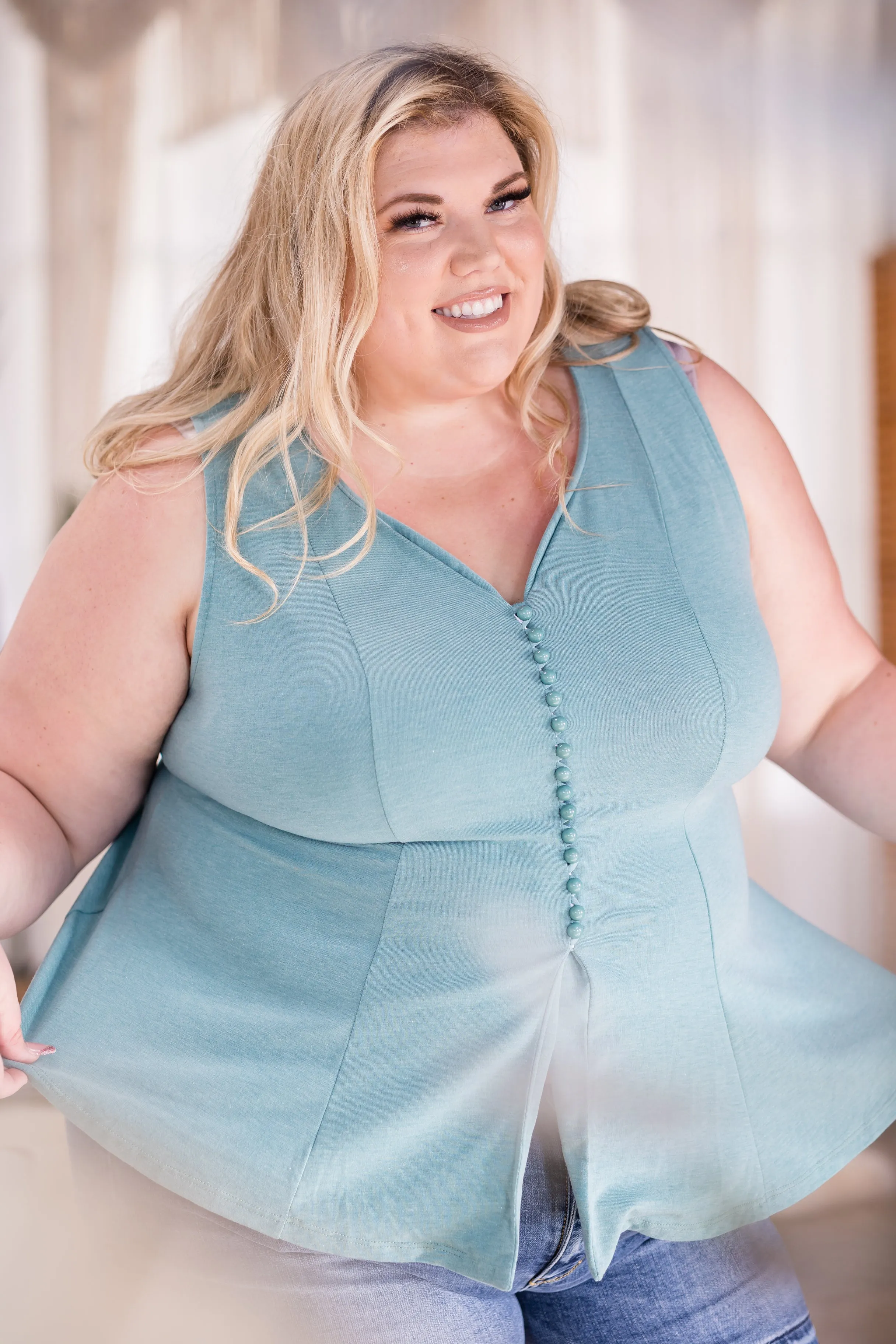 Aqua Mint Sweetheart Neckline Sleeveless Top with Button Detail and Tie-Back