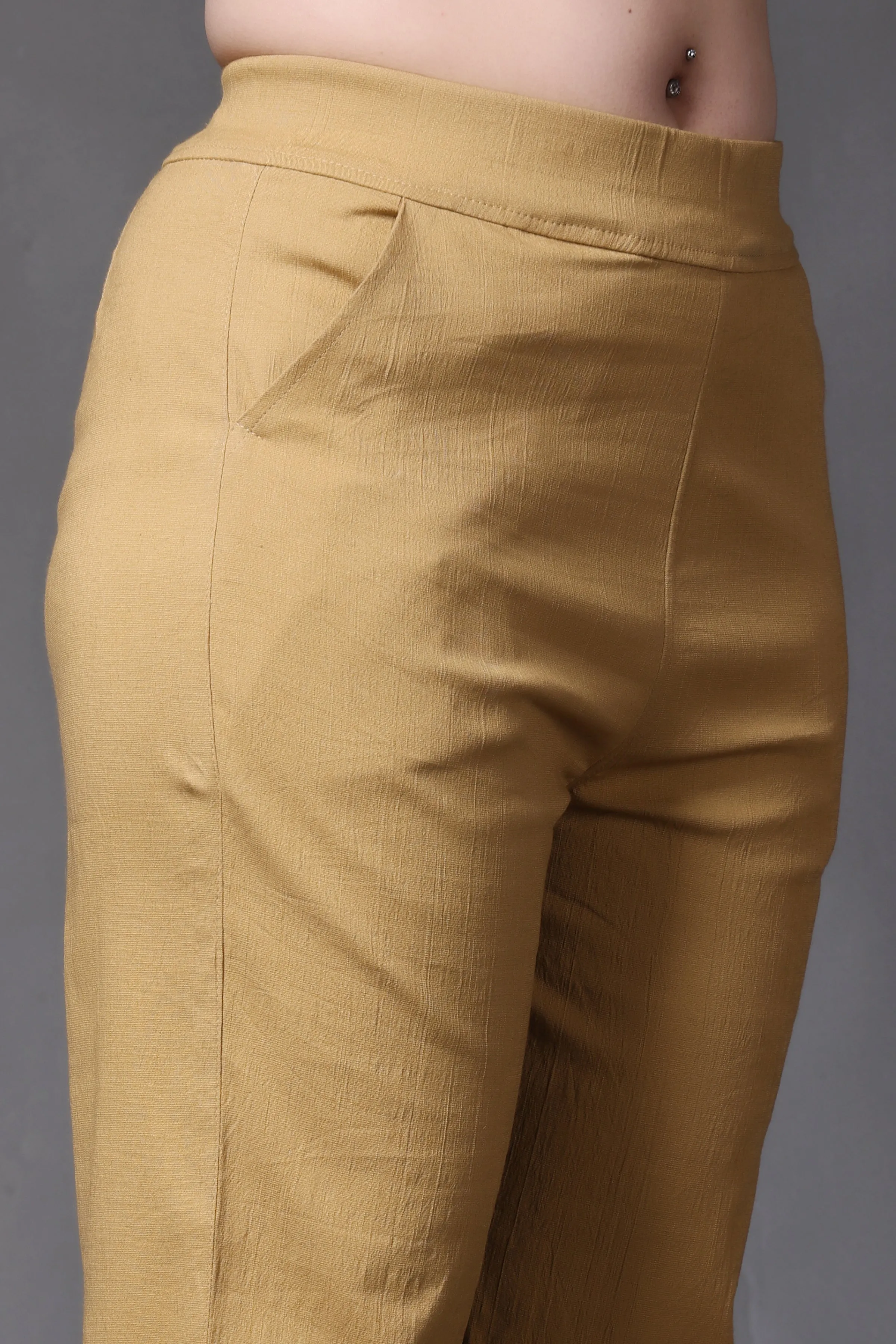 Beige Lycra Slub Pants