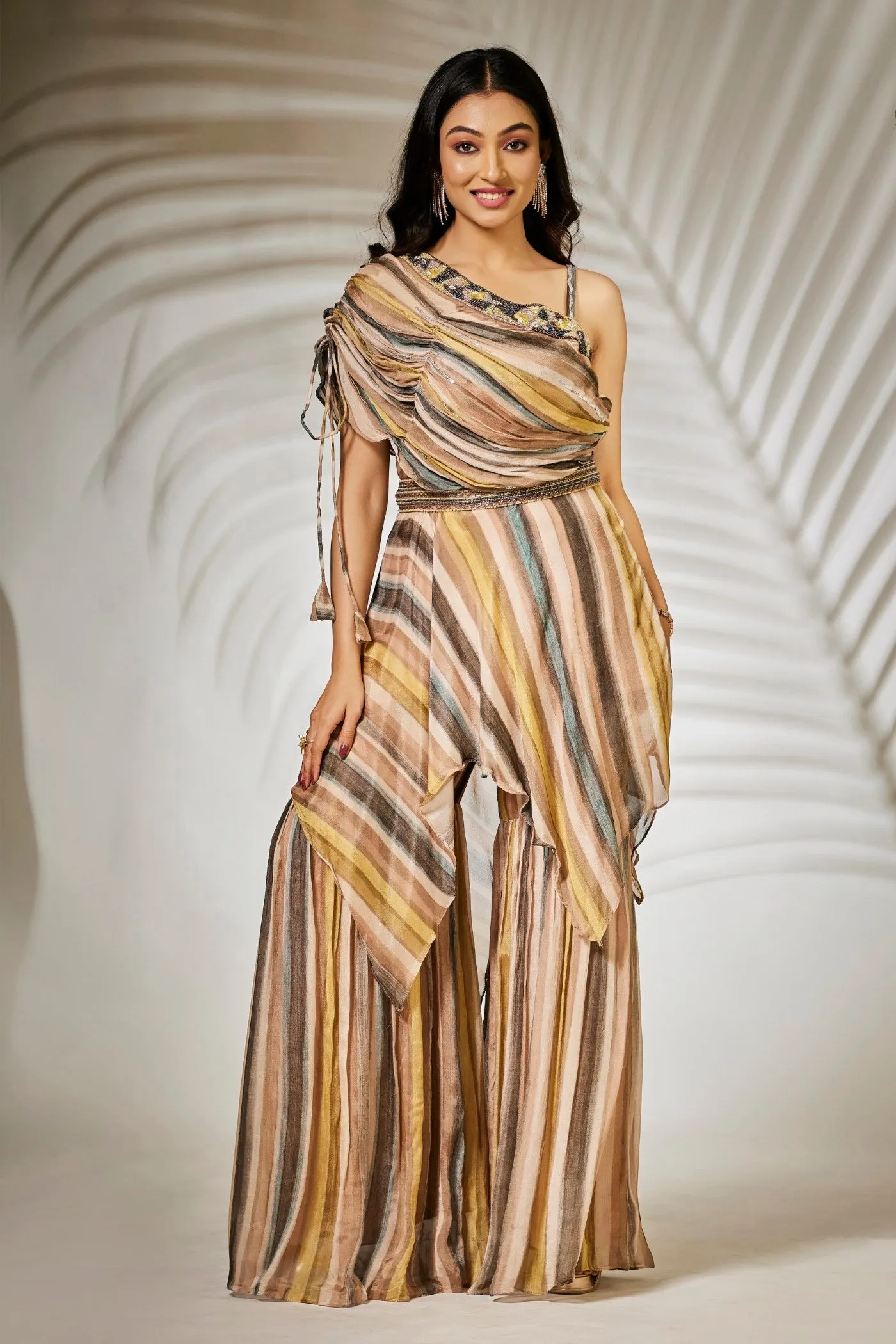 Beige Striped Pure Chinnon Tunic with Sharara