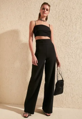 Black Waist Ribbed Detail Pants