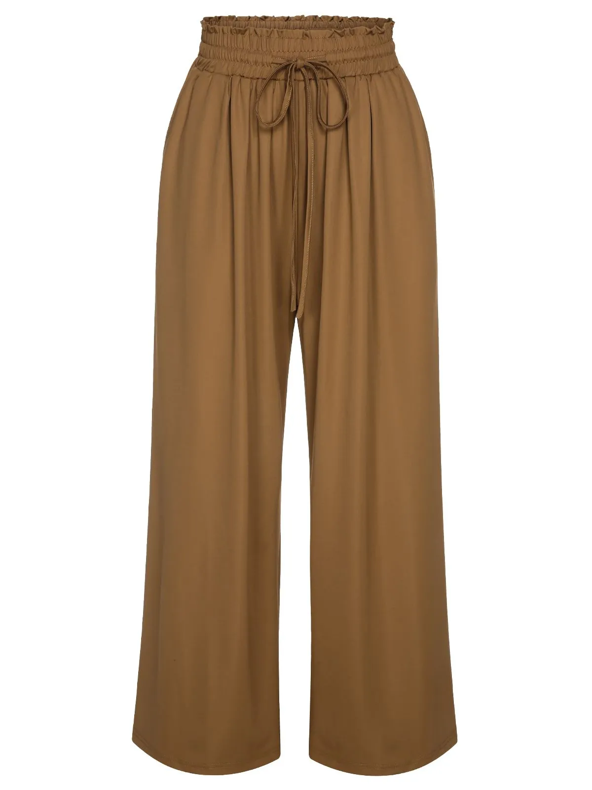 Brown 1930s Solid Shirred Waist Straight Pants