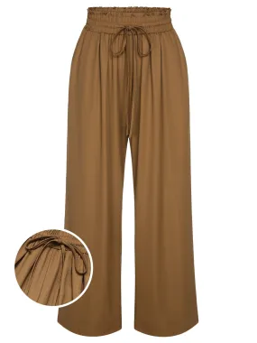 Brown 1930s Solid Shirred Waist Straight Pants