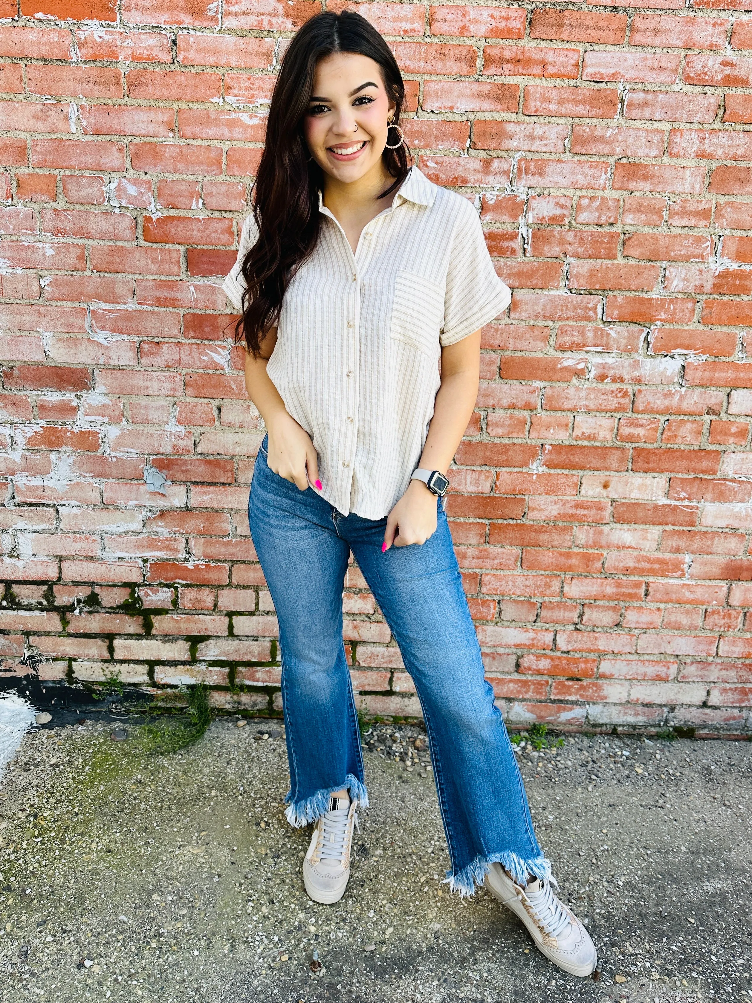 Count On You Striped Button Up Top  Khaki