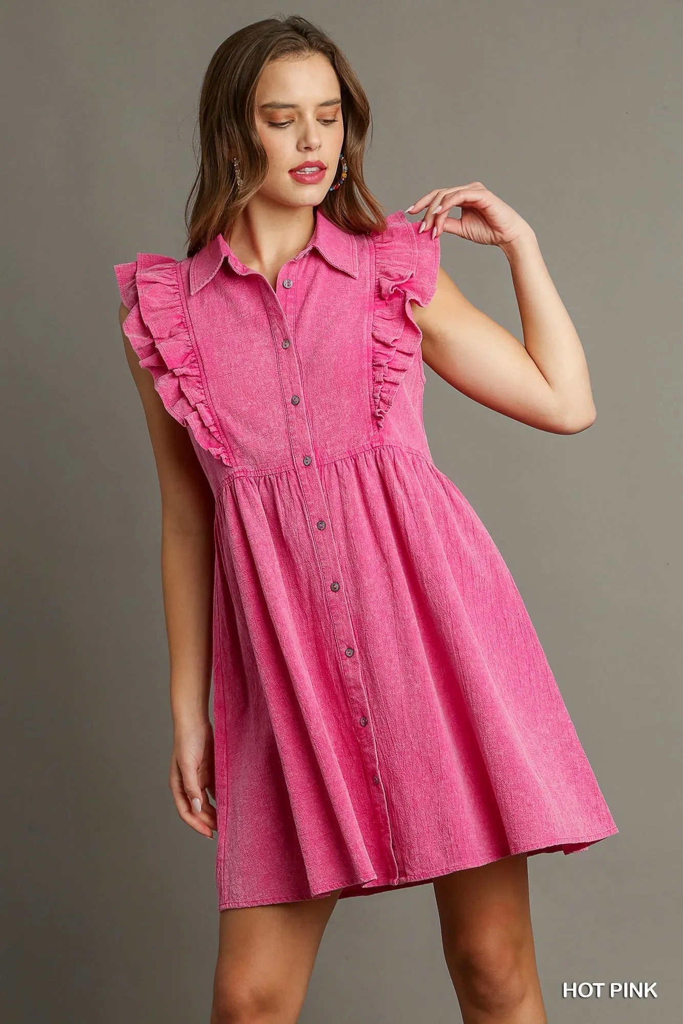 Different Views Button Down Dress  Hot Pink