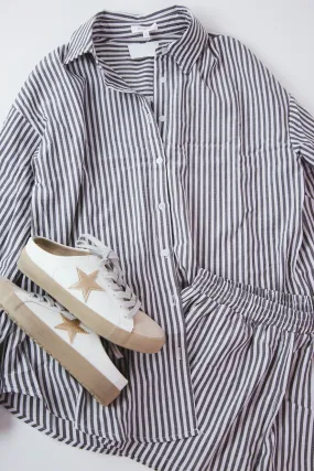 Isla Striped Button Down Shirt, Black/White