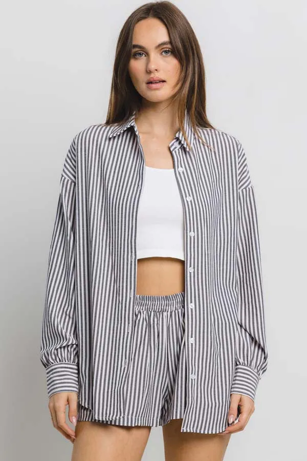 Isla Striped Button Down Shirt, Black/White