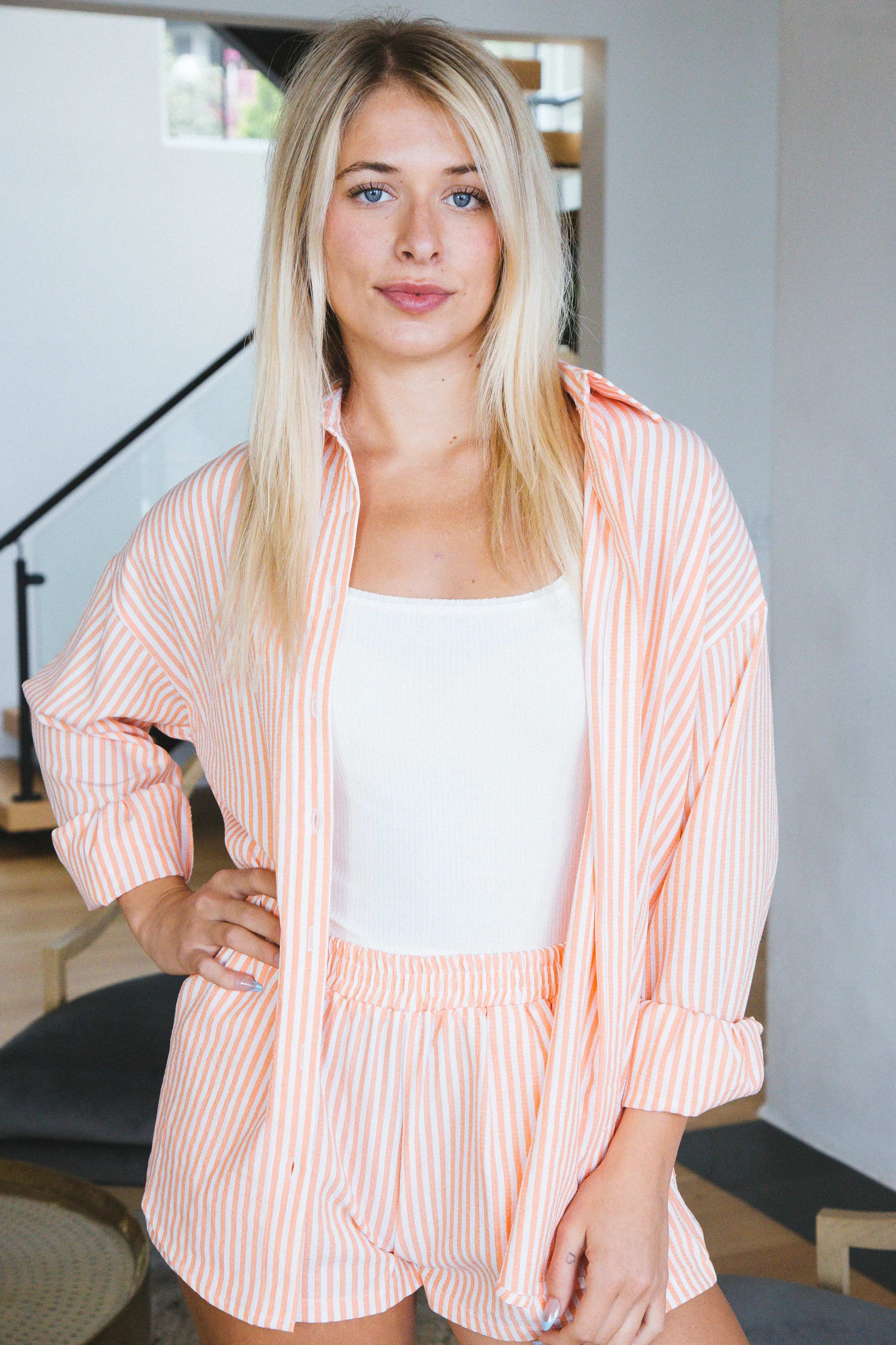 Isla Striped Button Down Shirt, Orange/White