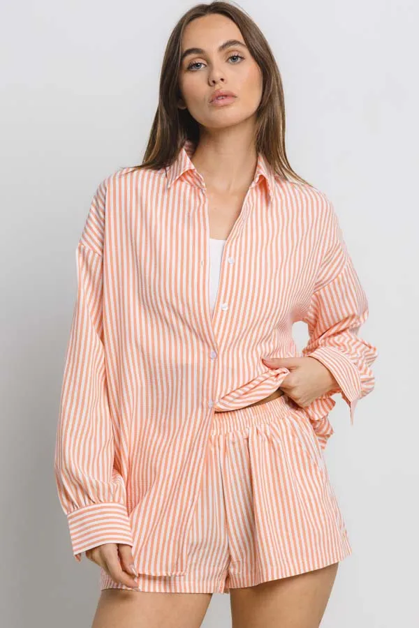 Isla Striped Button Down Shirt, Orange/White