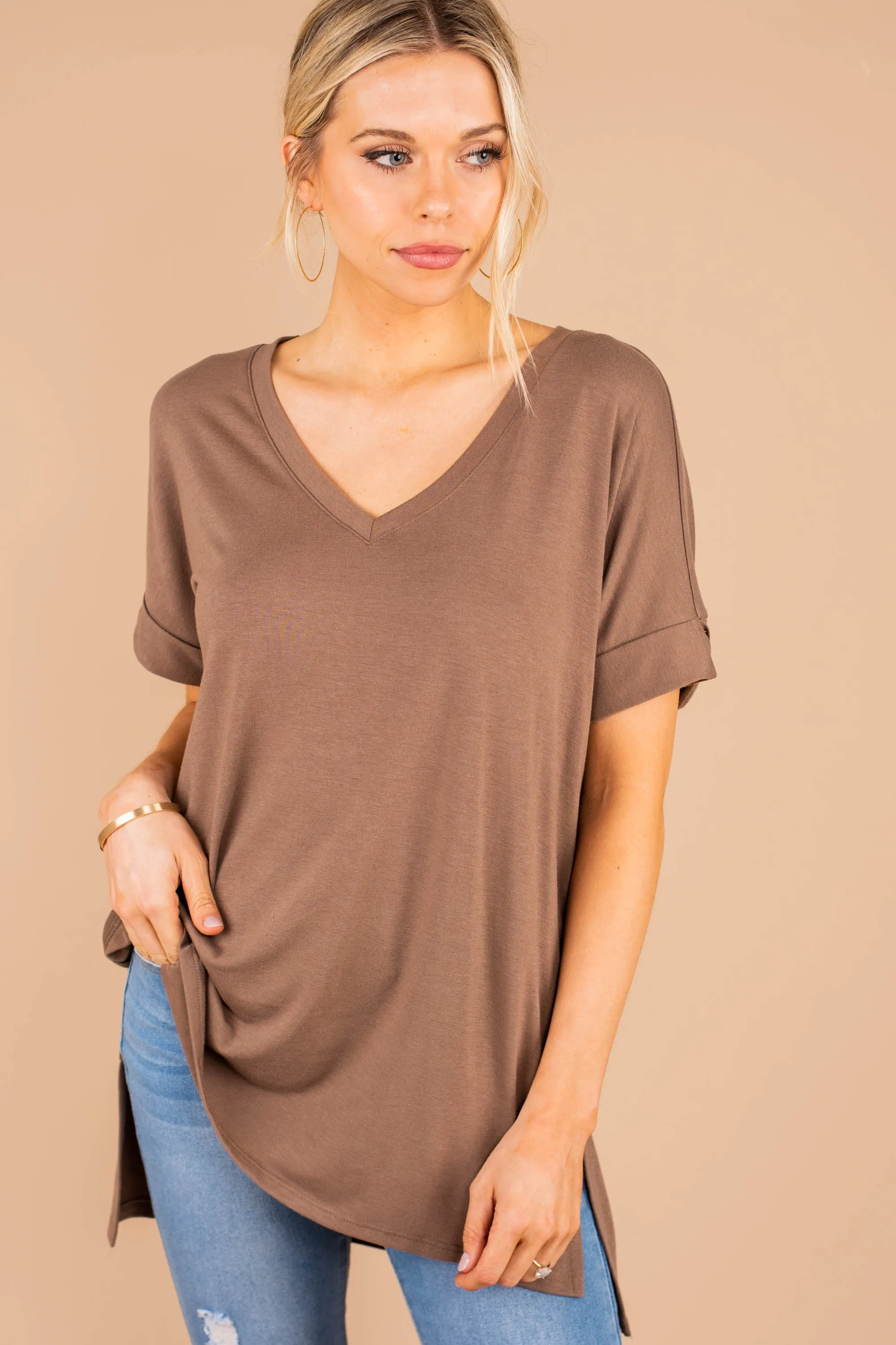 Make Your Life Easy Mocha Brown V-Neck Top