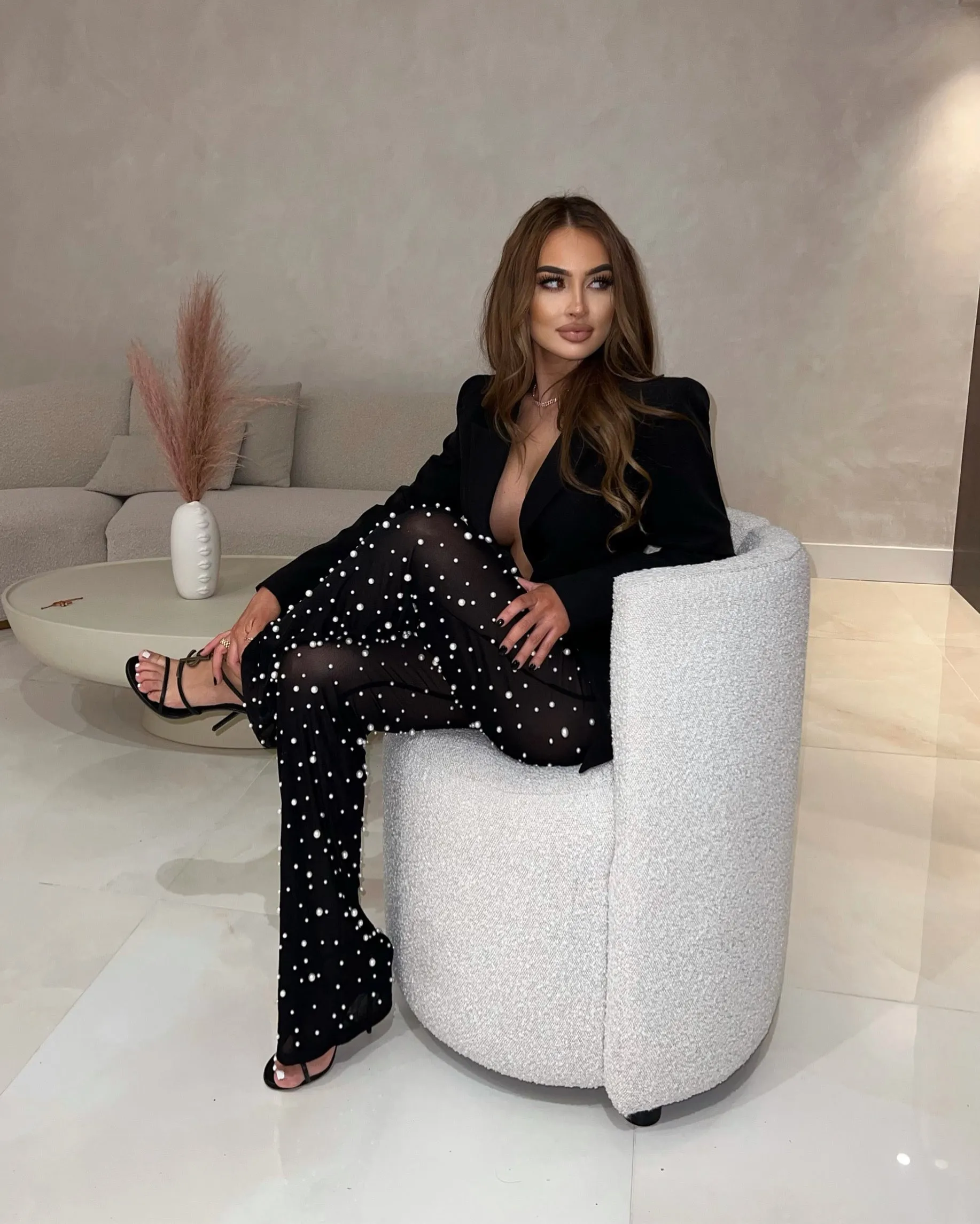 ‘MELISSA' Blazer & Pearl Detailed Pants Set in BLACK