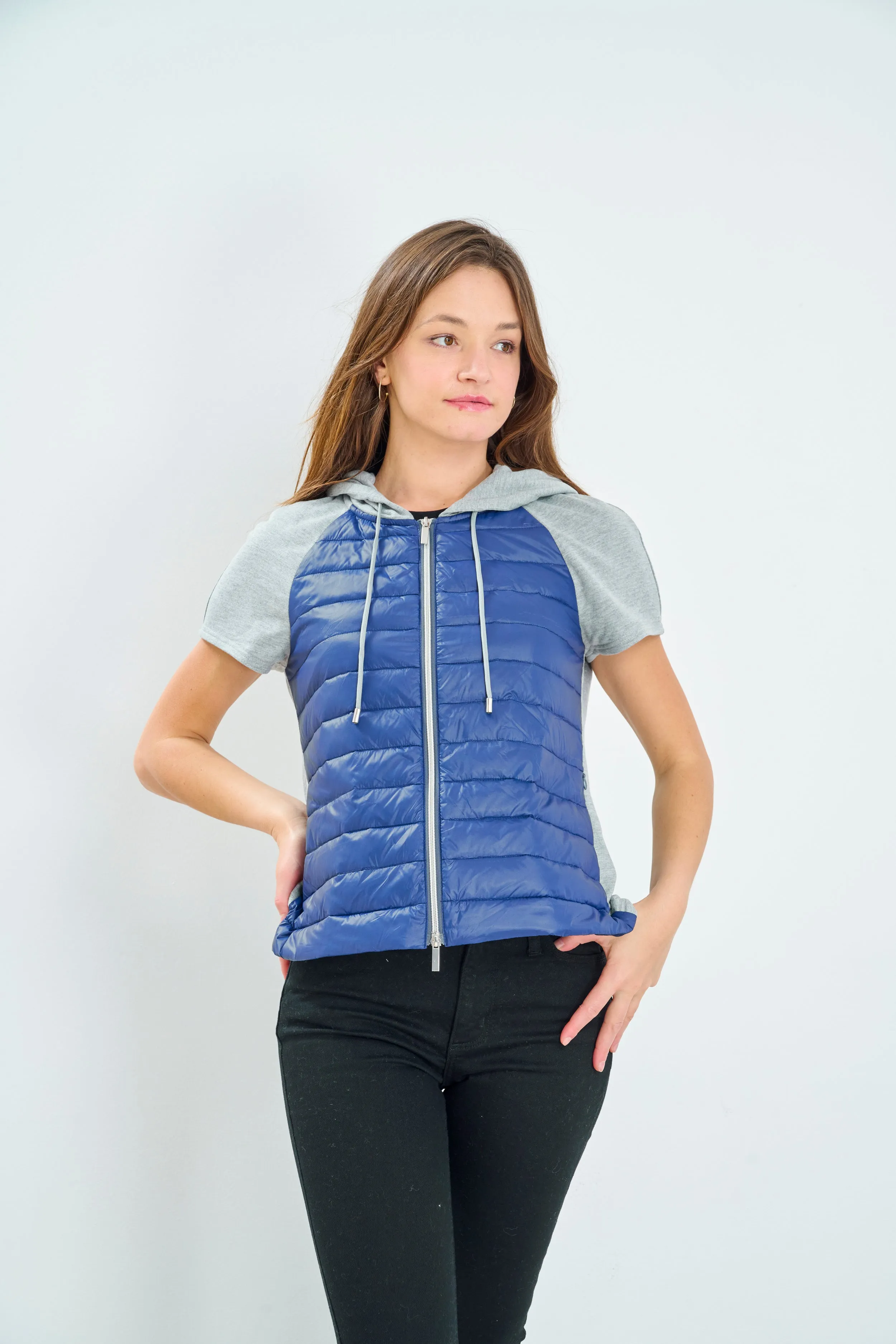 Mixed Short Sleeve Quilted Hoodie