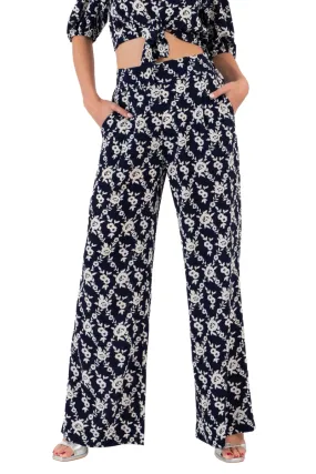 Navy Blue Floral Print Wide-Leg Pants