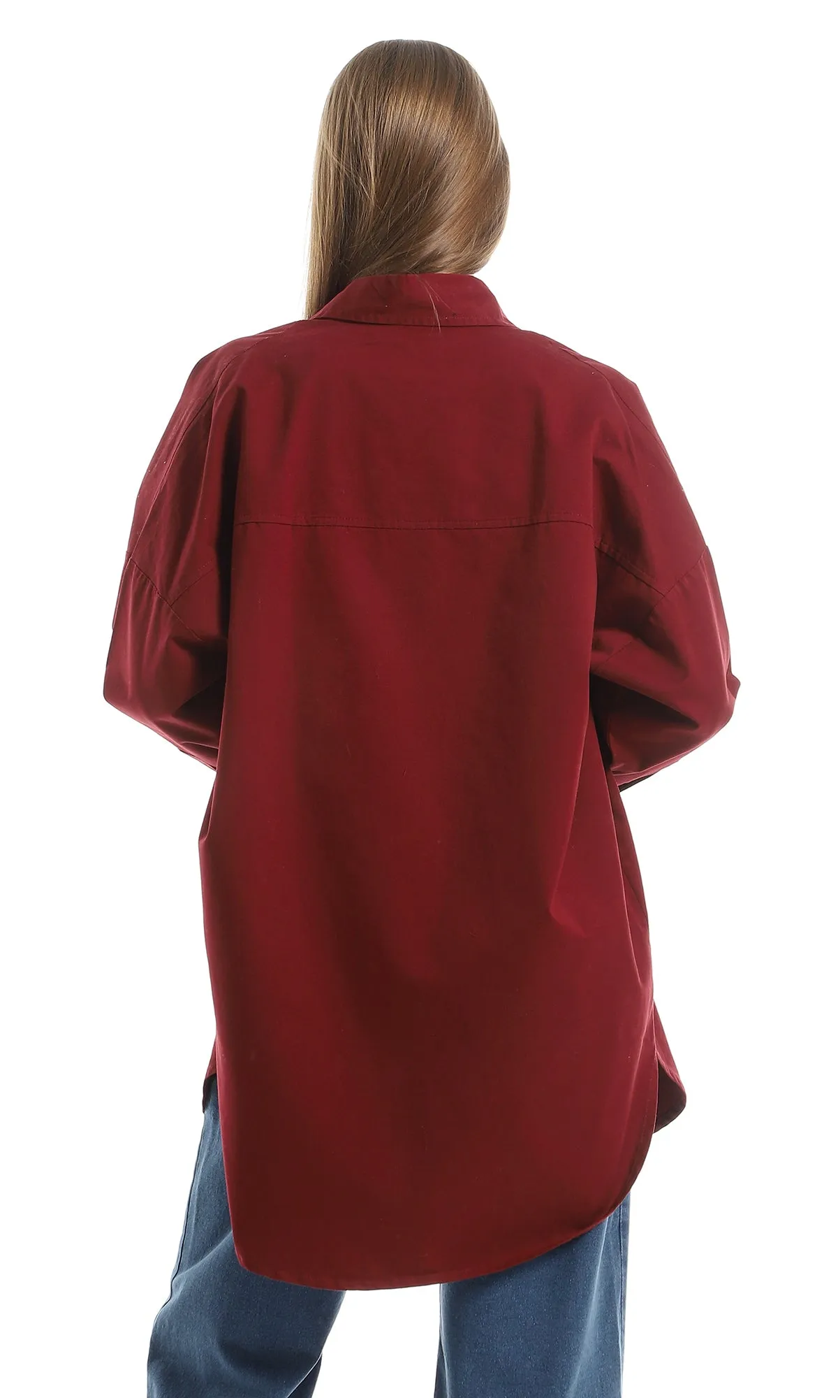 O155944 Casual Over Sized Long Sleeved Button Down Shirt - Dark Red