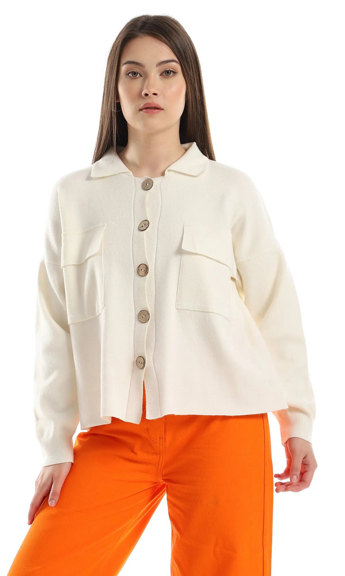 O158044 Plain Acrylic Winter Off White Shirt With Brown Buttons