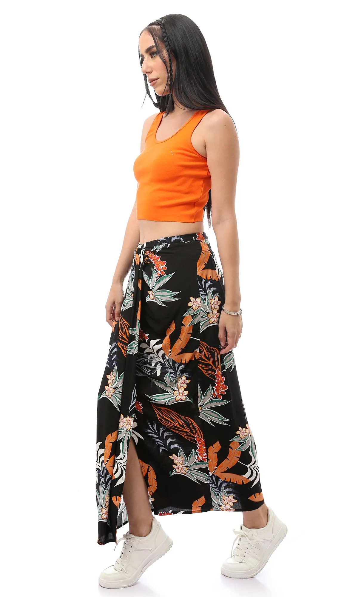 O168530 Floral Polyester Black Midi Skirt