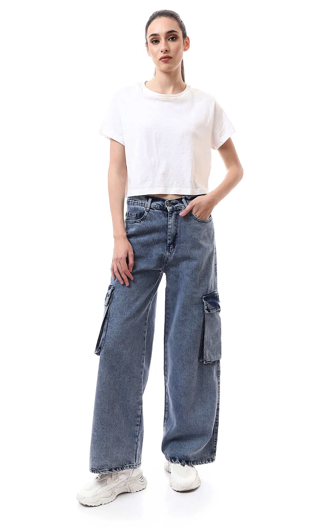 O175690 Wide Leg With Side Pockets Light Vintage Jeans