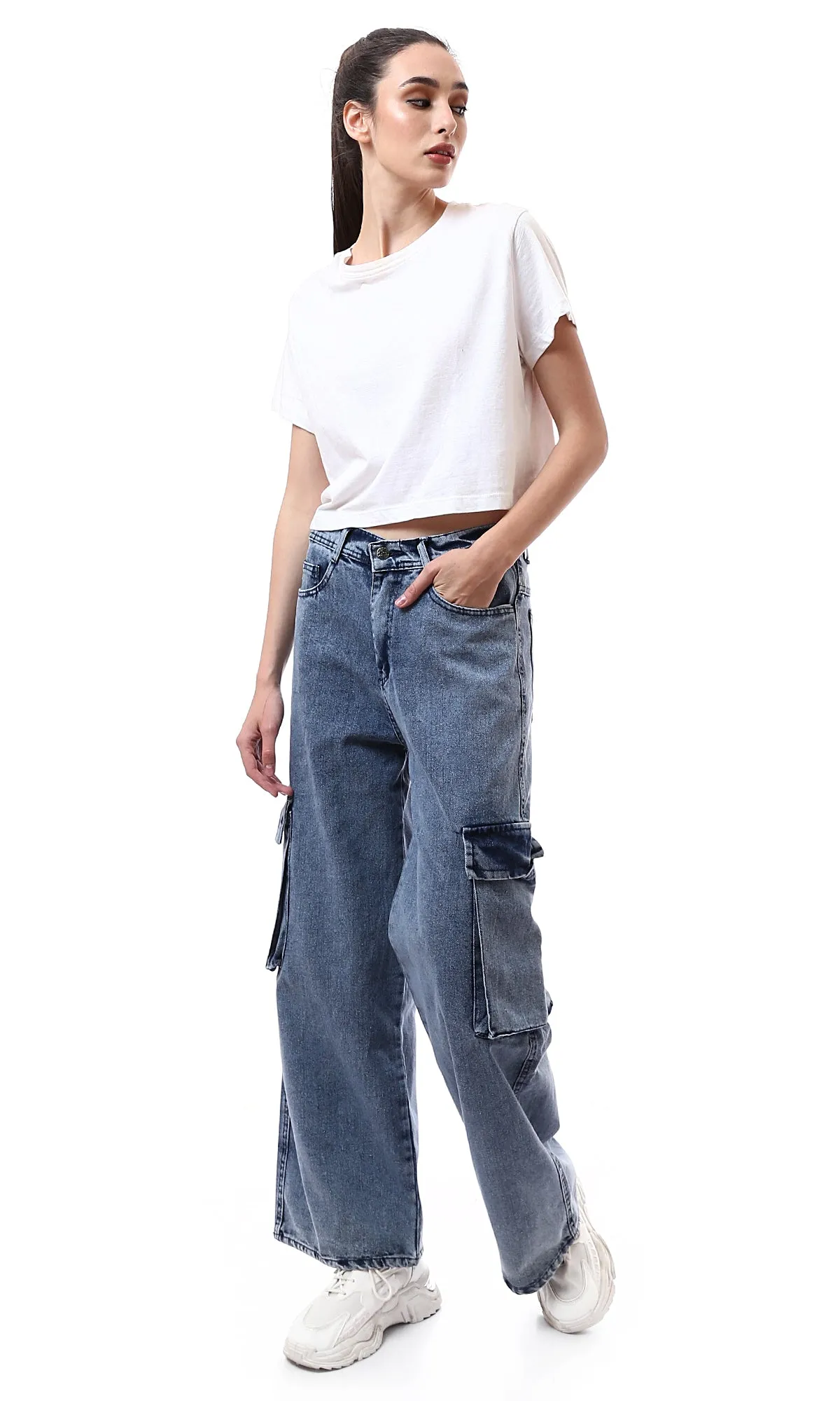 O175690 Wide Leg With Side Pockets Light Vintage Jeans