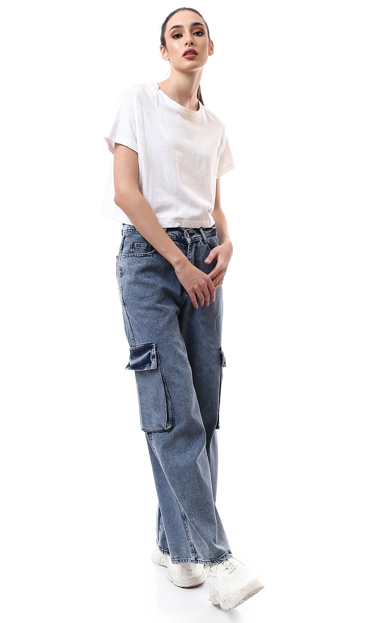 O175690 Wide Leg With Side Pockets Light Vintage Jeans