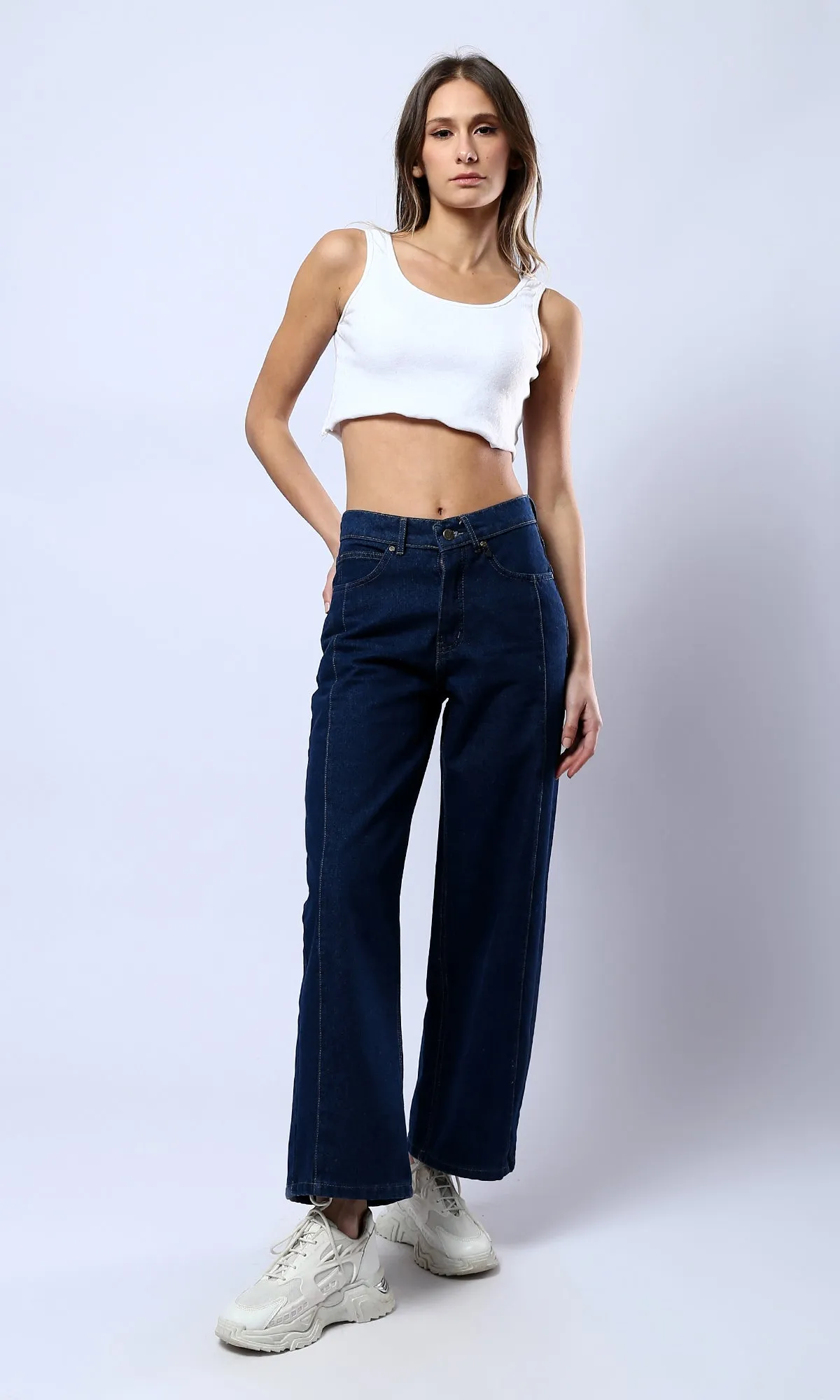 O177958 Solid Wide Leg Casual Jeans - Navy Blue