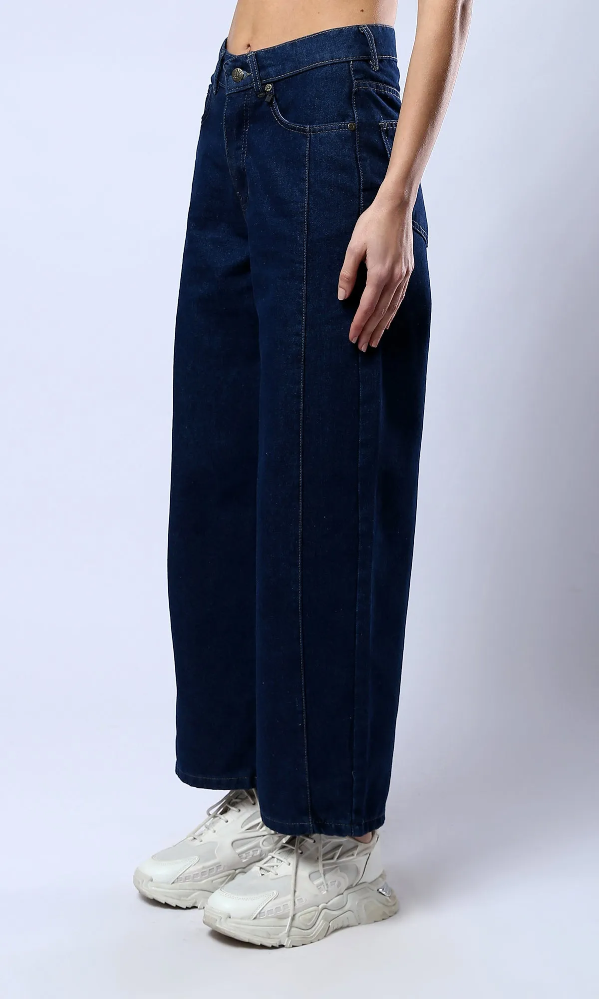 O177958 Solid Wide Leg Casual Jeans - Navy Blue