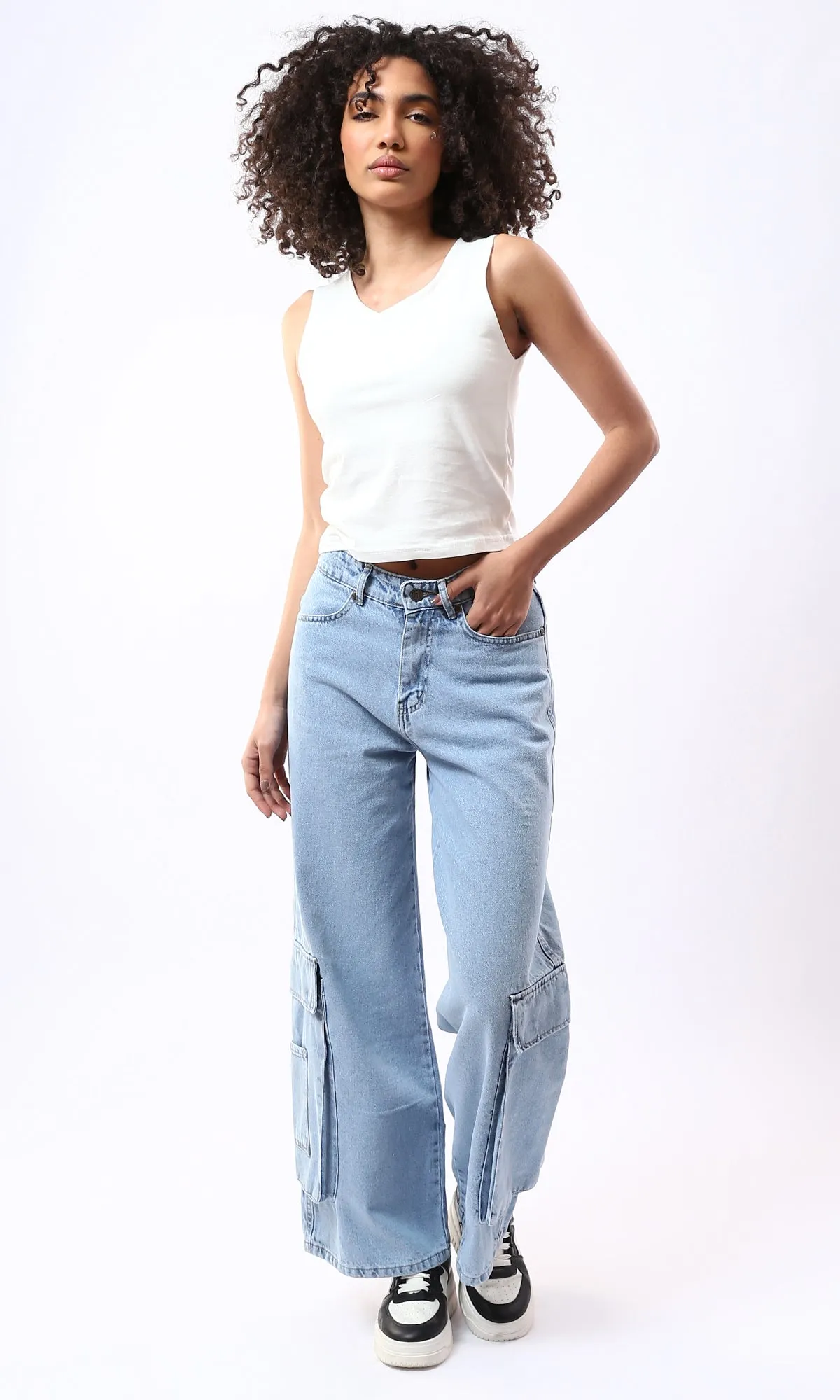 O177959 Light Blue Wide Leg Solid Casual Jeans