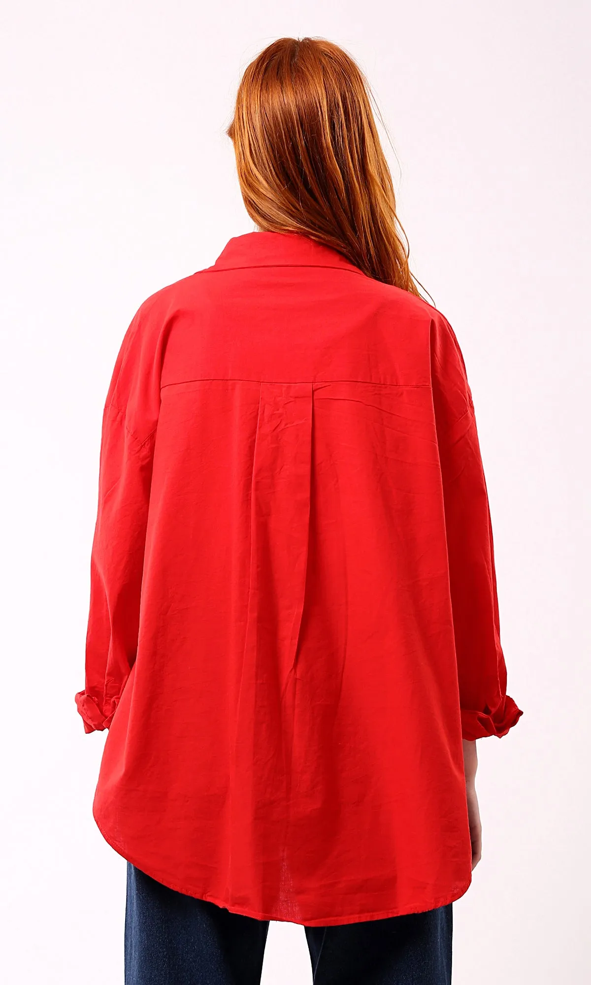 O179209 Turn Down Collar Solid Red Long Shirt