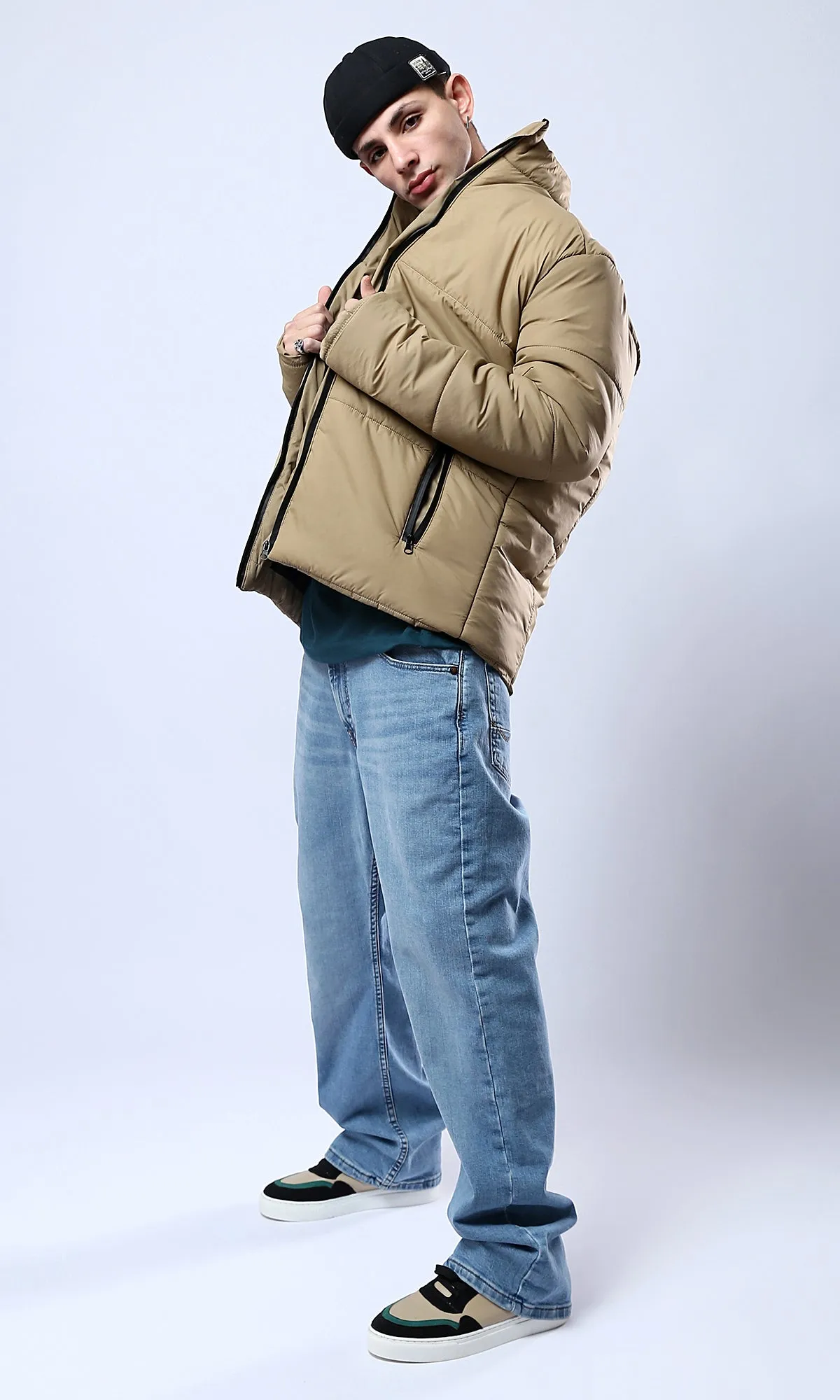 O180577 Stand-Collar Solid Light Camel Puffer Jacket