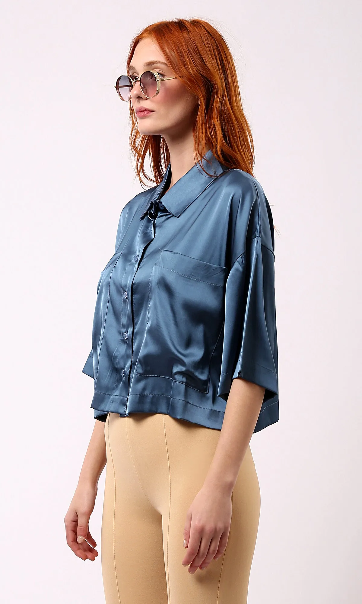 O182043 Turn Down Collar Steel Blue Shiny Shirt