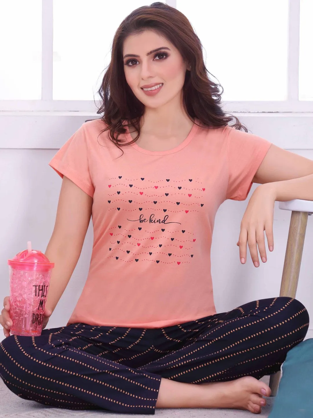 Pleasing Short Sleeve Round Neck Rich Cotton Pajama Set in Peach & Blue