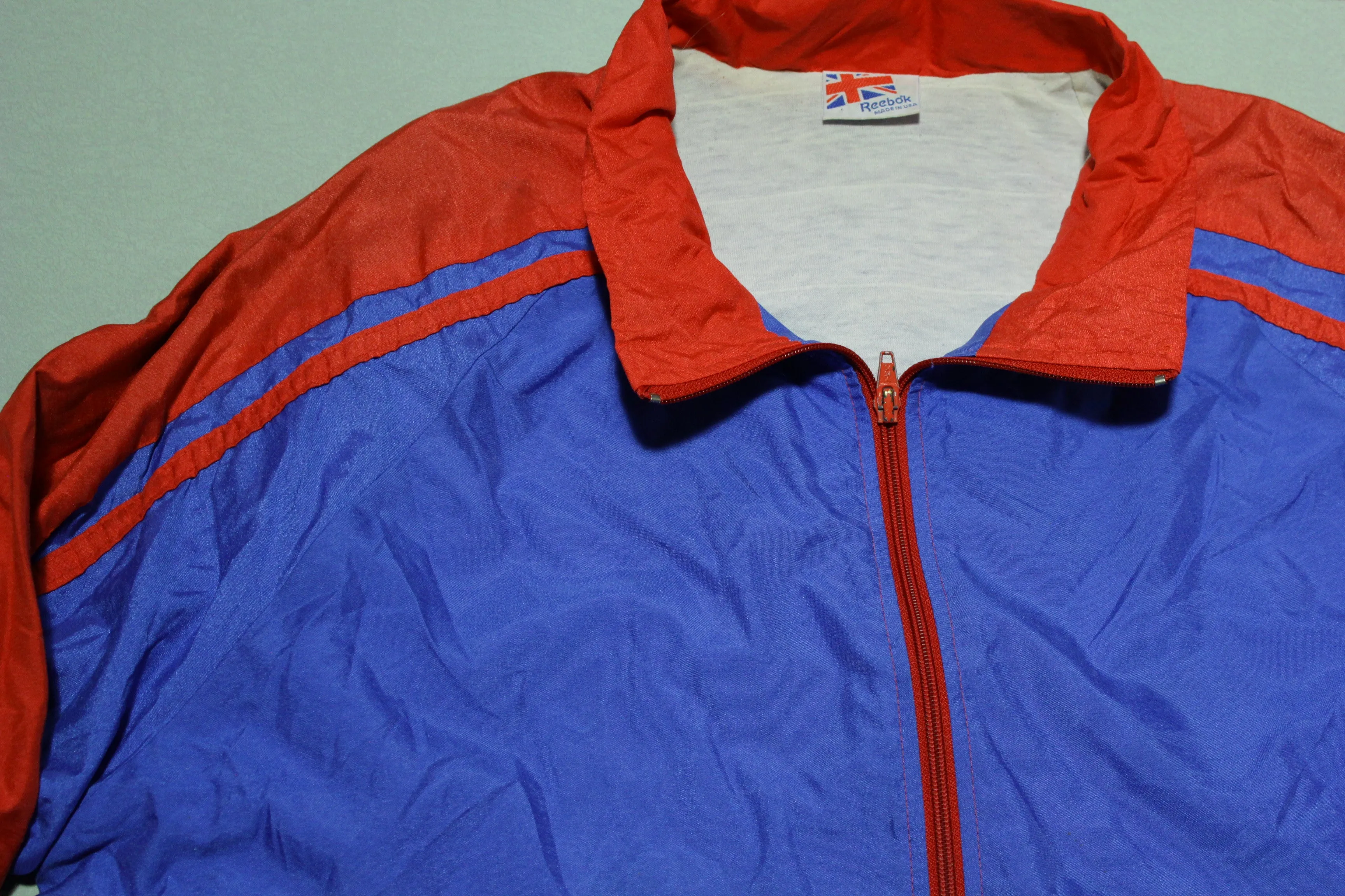 Reebok Made in USA Vintage 80's Red Blue Striped Track Windbreaker Jacket