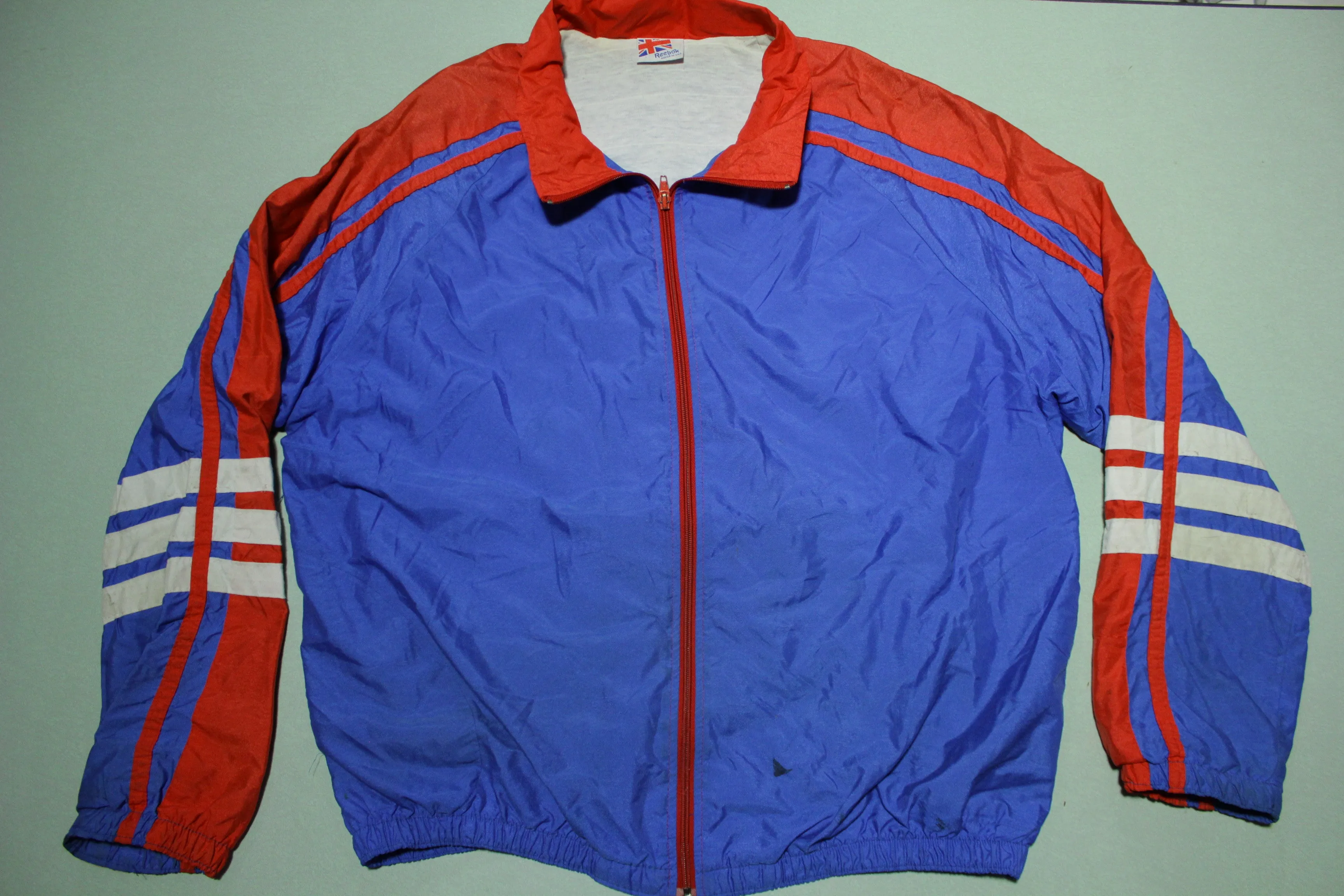 Reebok Made in USA Vintage 80's Red Blue Striped Track Windbreaker Jacket