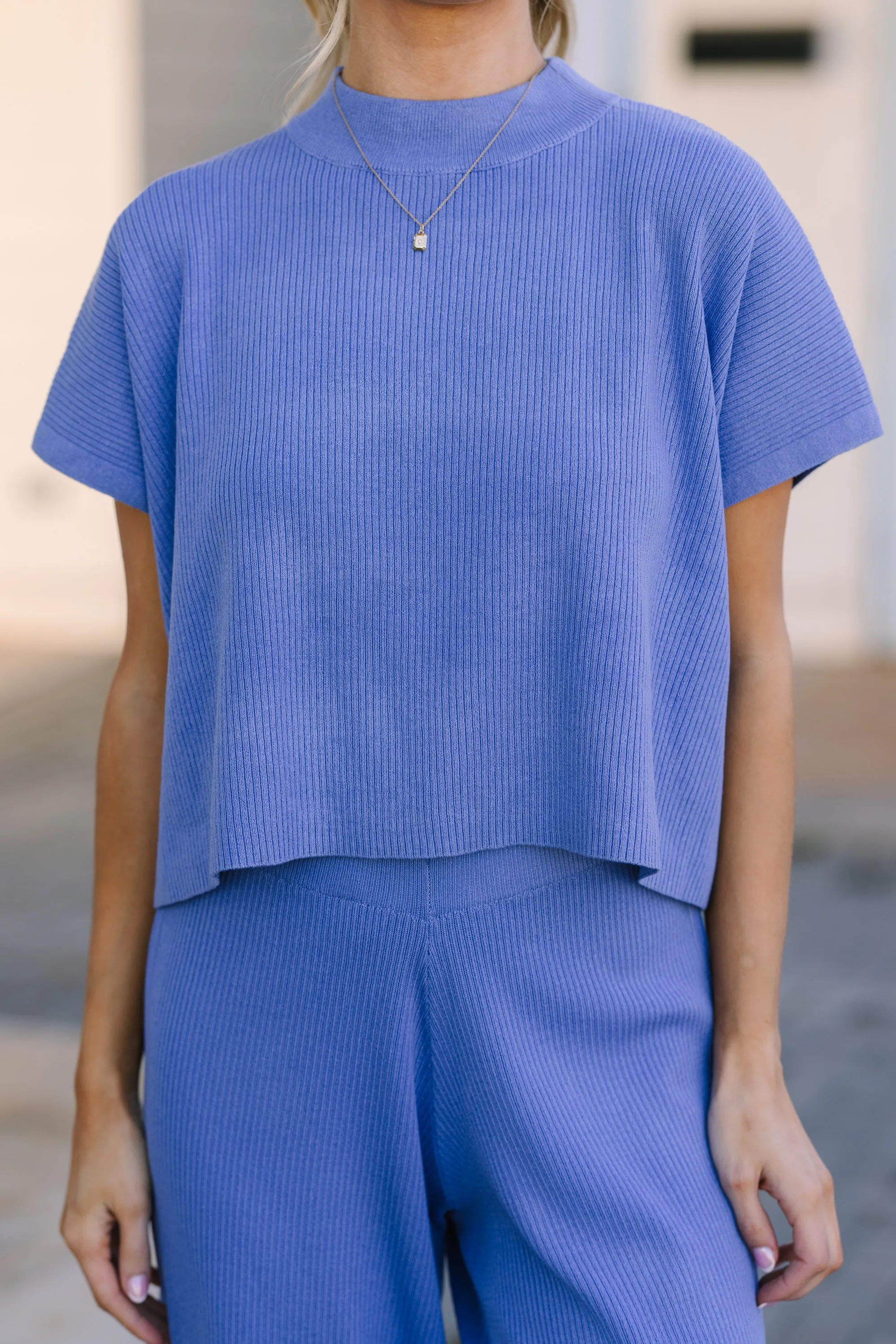 Safe Travels Blue Ribbed Knit Top