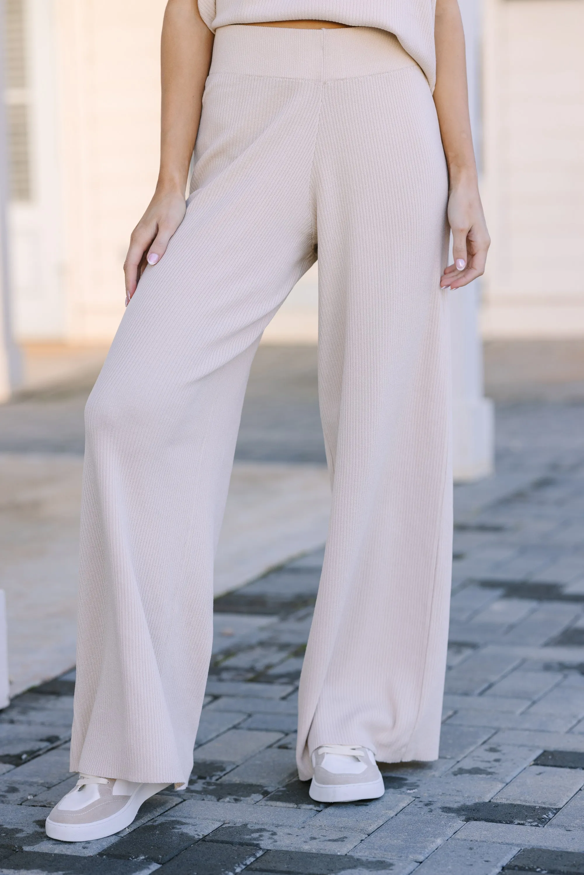 Safe Travels Natural Ribbed Knit Wide Leg Pants