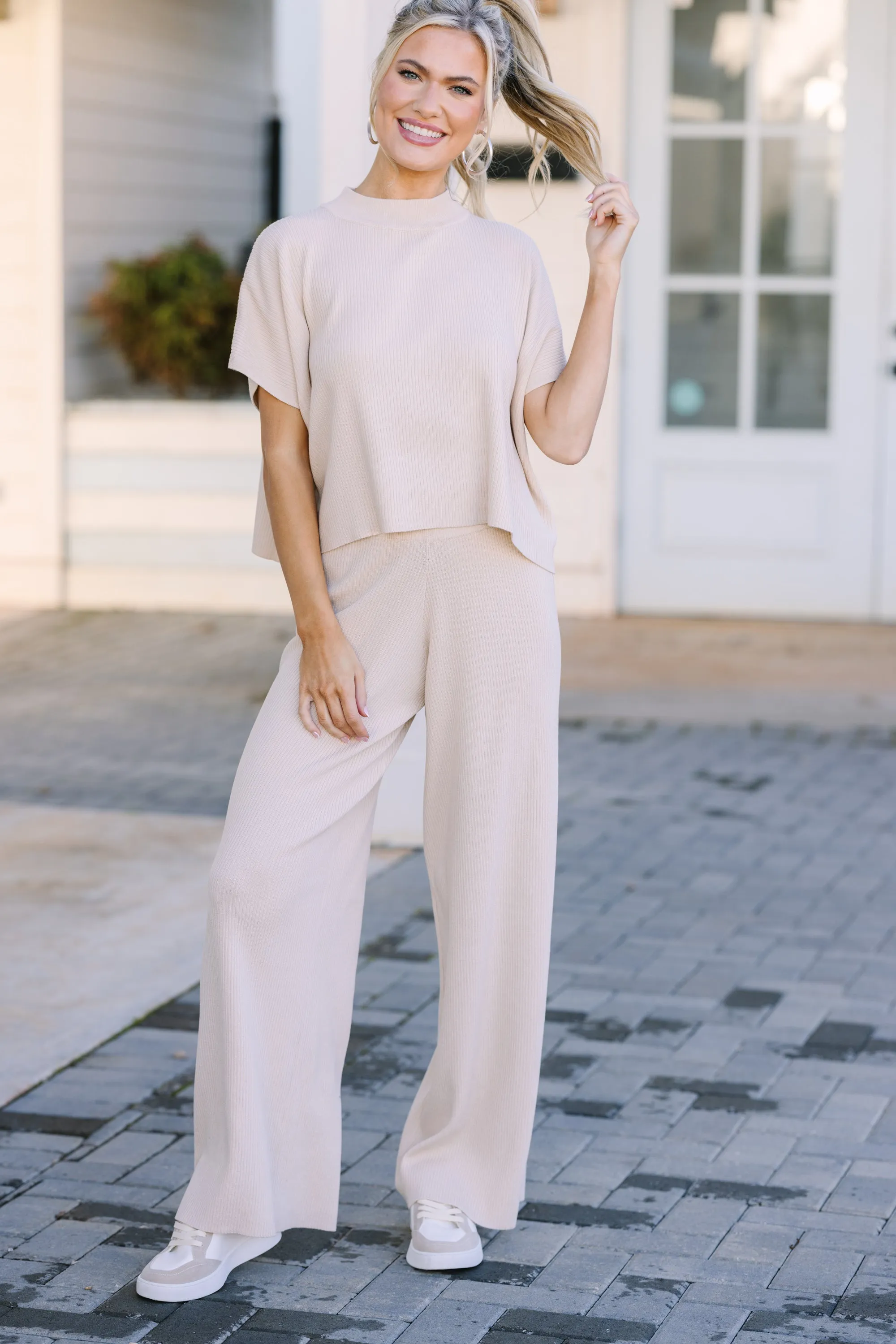 Safe Travels Natural Ribbed Knit Wide Leg Pants