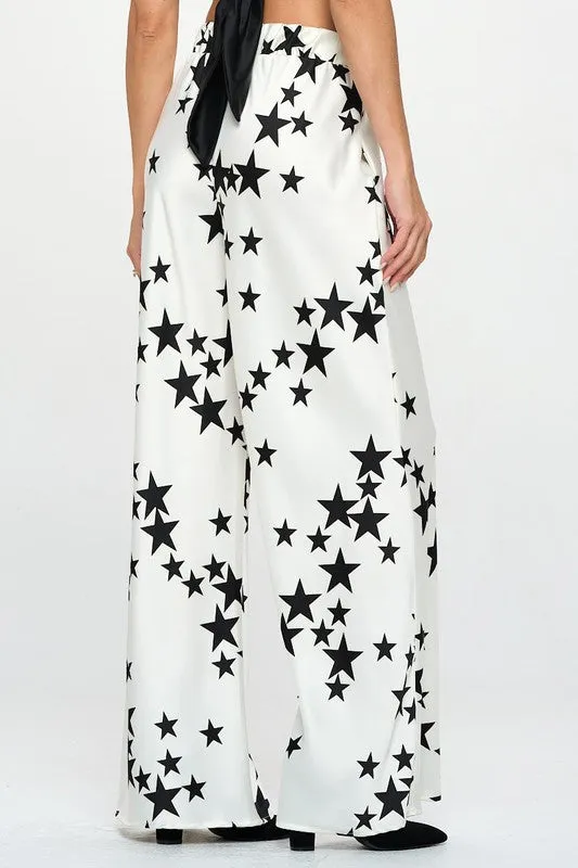 Silky Satin Star Print Pants with Side Pocket