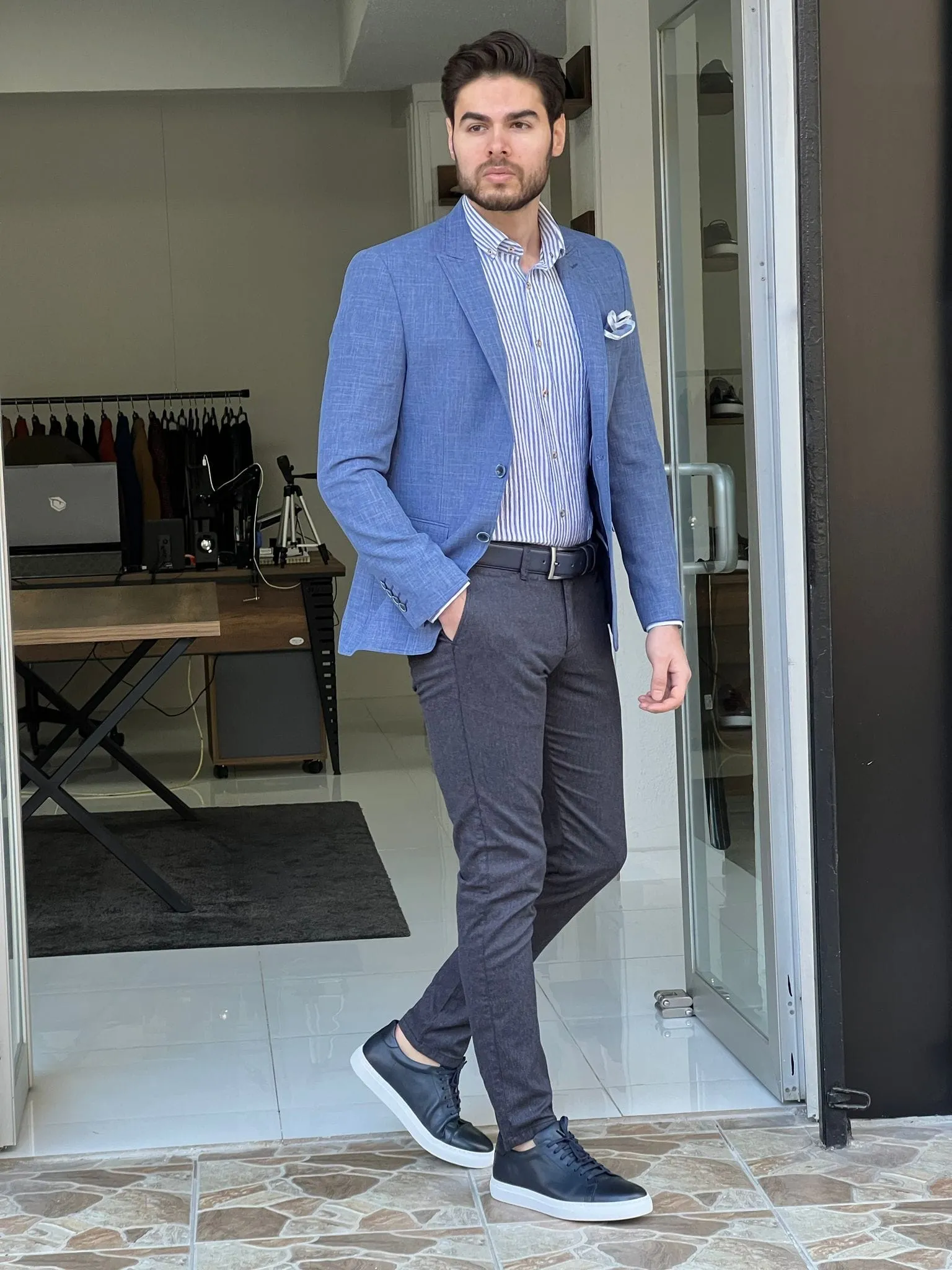 Slim Fit Self-Patterned Cotton Blue Jacket