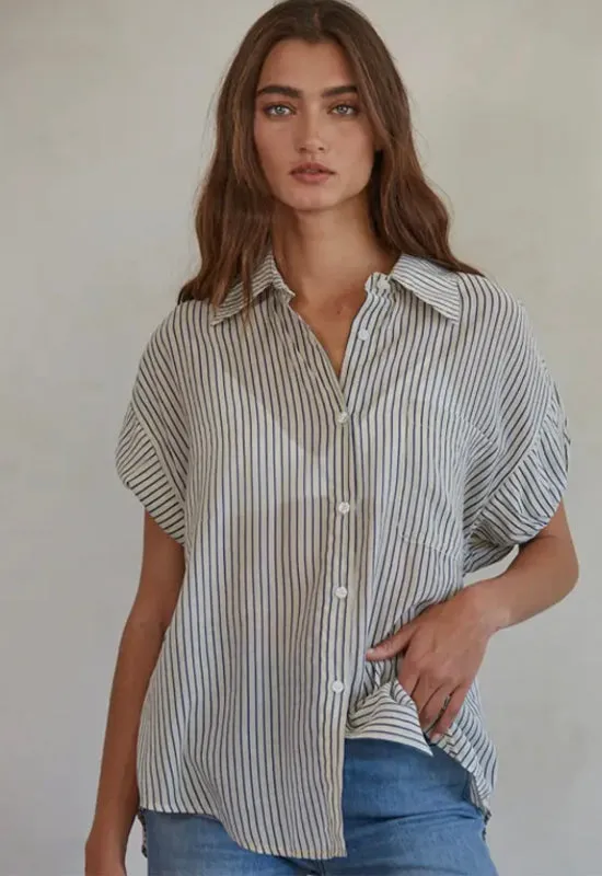 Striped Button Down Collar Short Sleeve Top - Navy