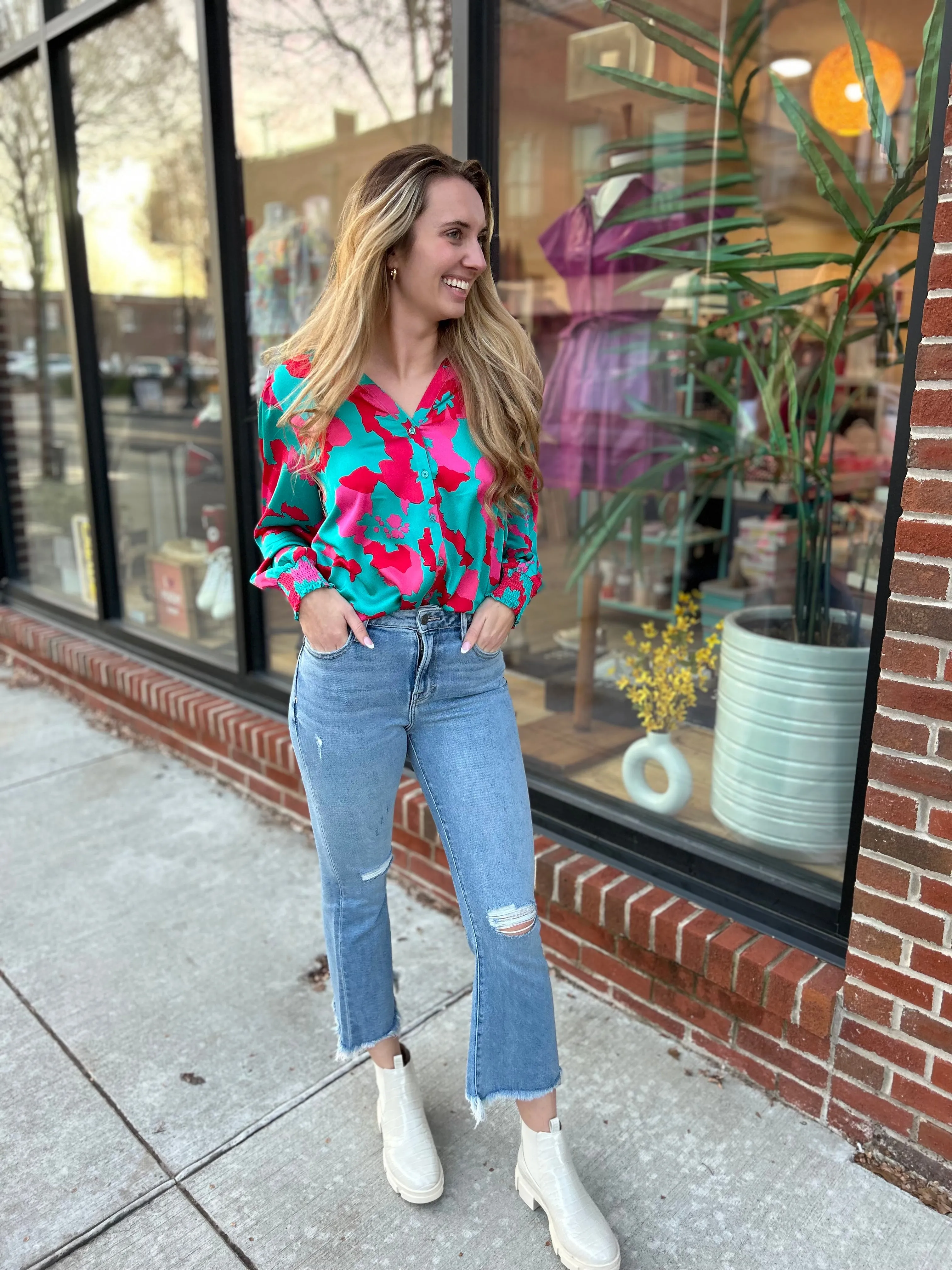 Teal & Pink Floral Button Down Blouse