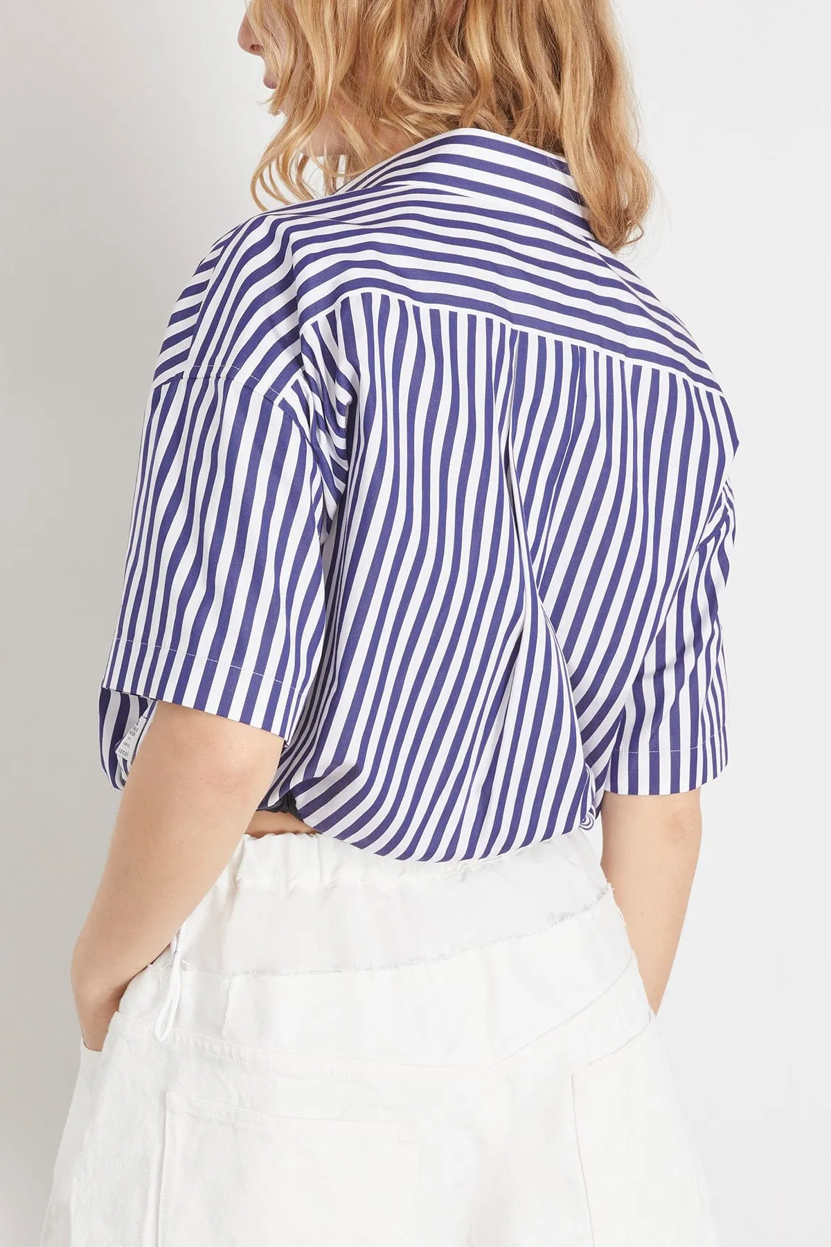 Thomas Mason Cotton Poplin Shirt in Navy Stripe