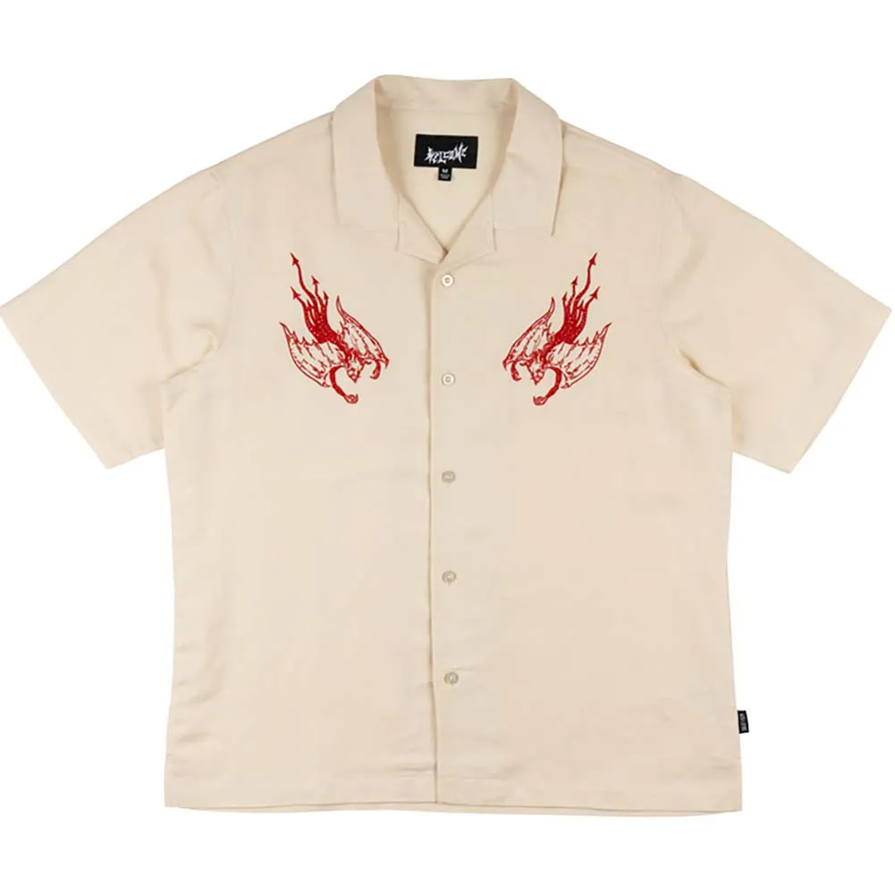 Welcome Hellion Embroidered Linen Short Sleeve Button Down