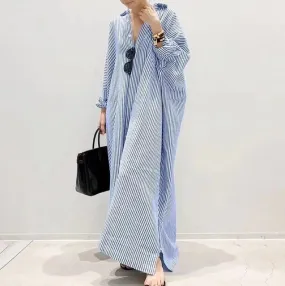 Women's Cotton Maxi Long Sleeve Button Down Loose Striped Kaftan Dress 39688