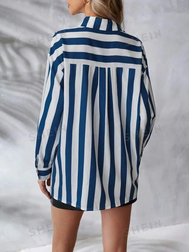 Women's Striped Button Down Drop Shoulder Long Sleeve Shirt S S4098576